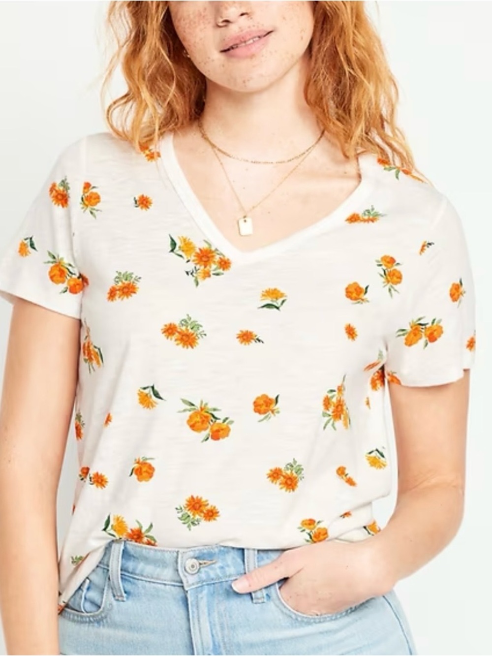 Old Navy, NWT, White V-Neck Tee with Orange Floral Print. P2P: 20” -21”